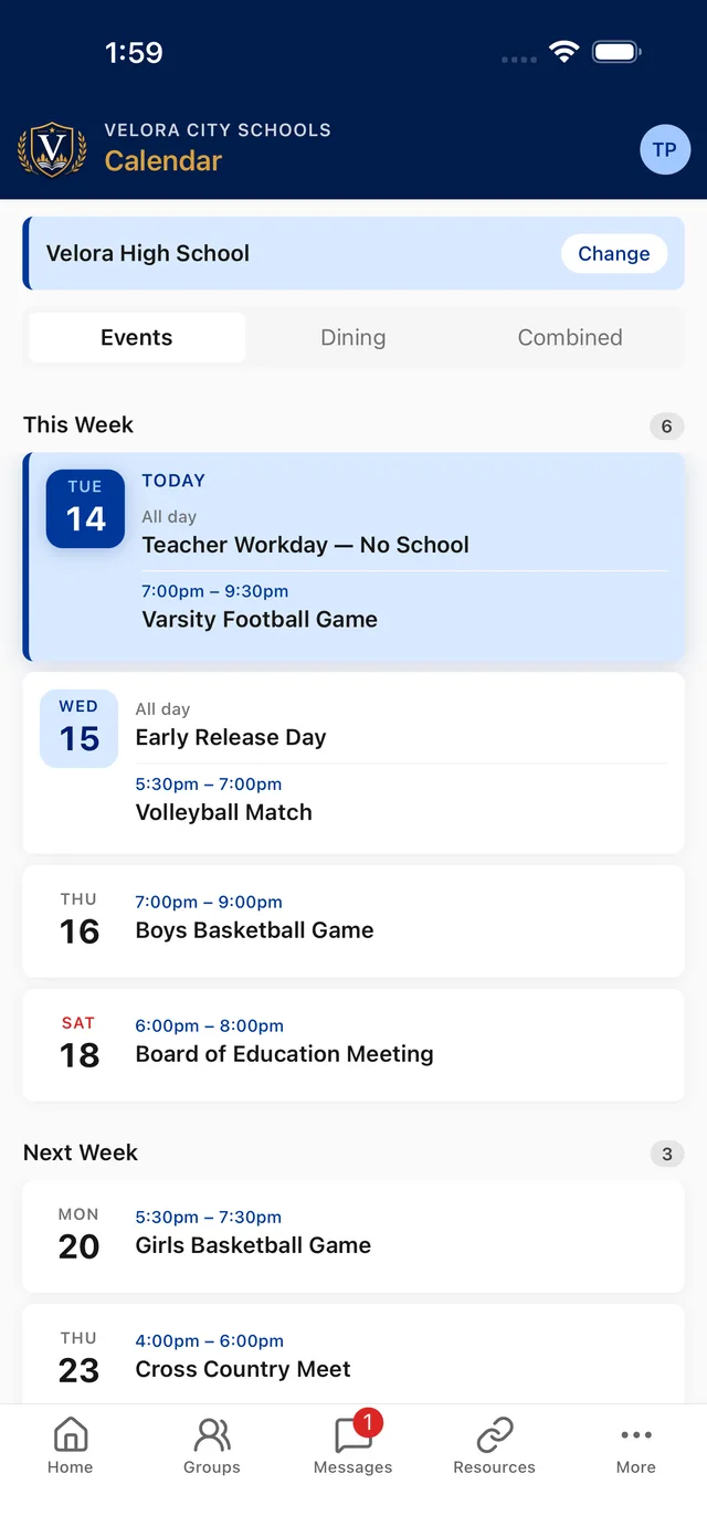School calendar with color-coded events and one-tap add to phone calendar