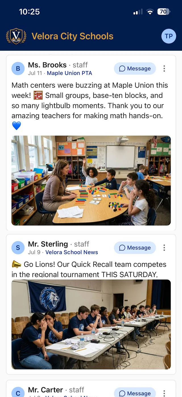 My Feed with a teacher's classroom post of students doing hands-on math centers and a Quick Recall team announcement