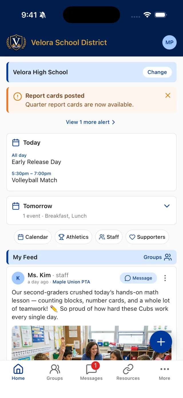 School Courier app signed in as school staff, showing the Velora School District My Feed with alerts, today's events, and classroom posts