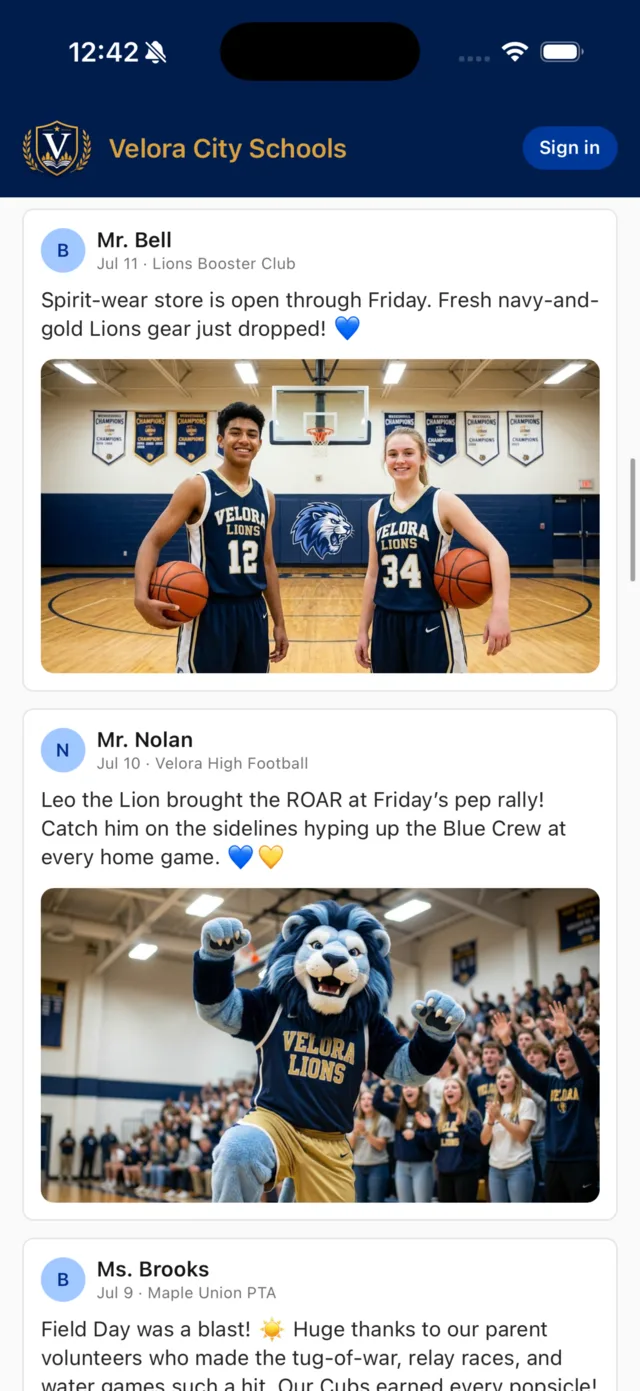 School Courier app showing the Velora City Schools My Feed with booster club and football posts