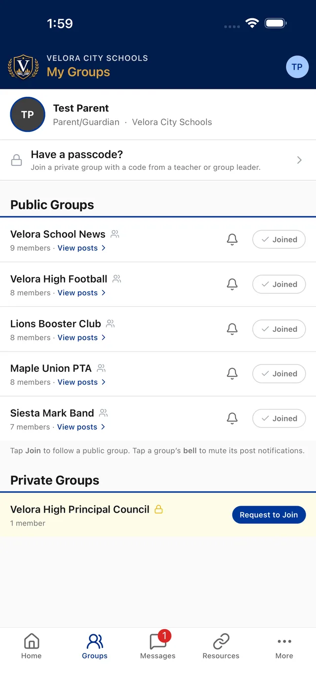 Groups screen with public groups a parent has joined and a private group requiring approval