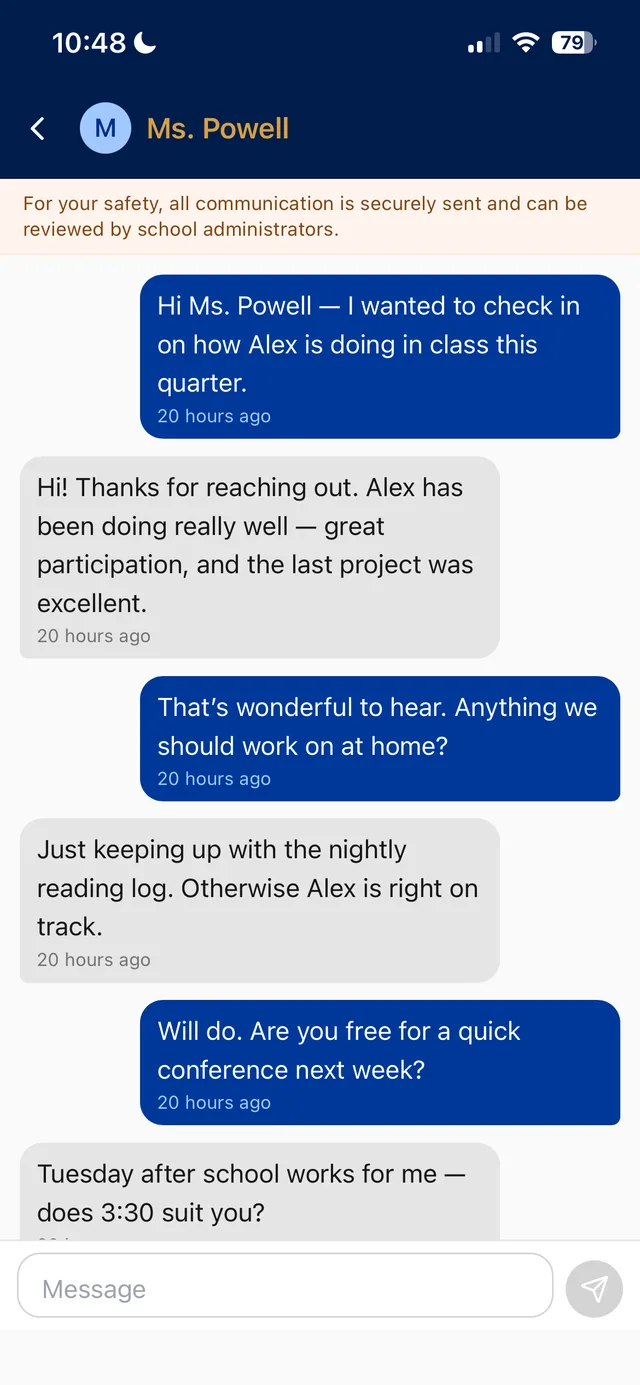 A private message thread between a parent and a teacher in the School Courier app, under a banner noting all communication is securely sent and reviewable by school administrators