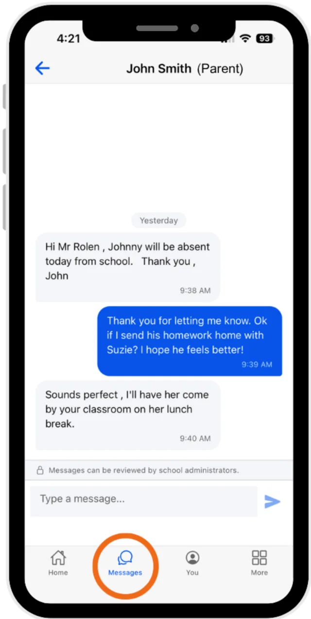 A private message thread between a parent and a staff member in the School Courier app