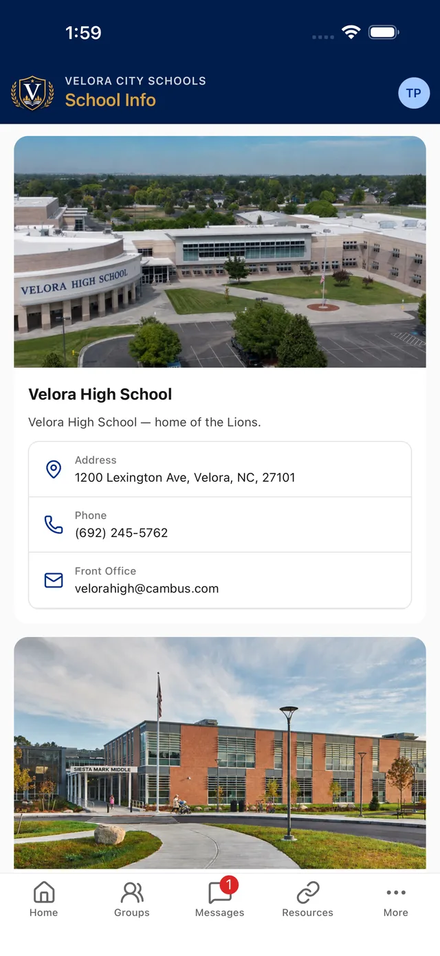 School information and announcements screen in a branded district app