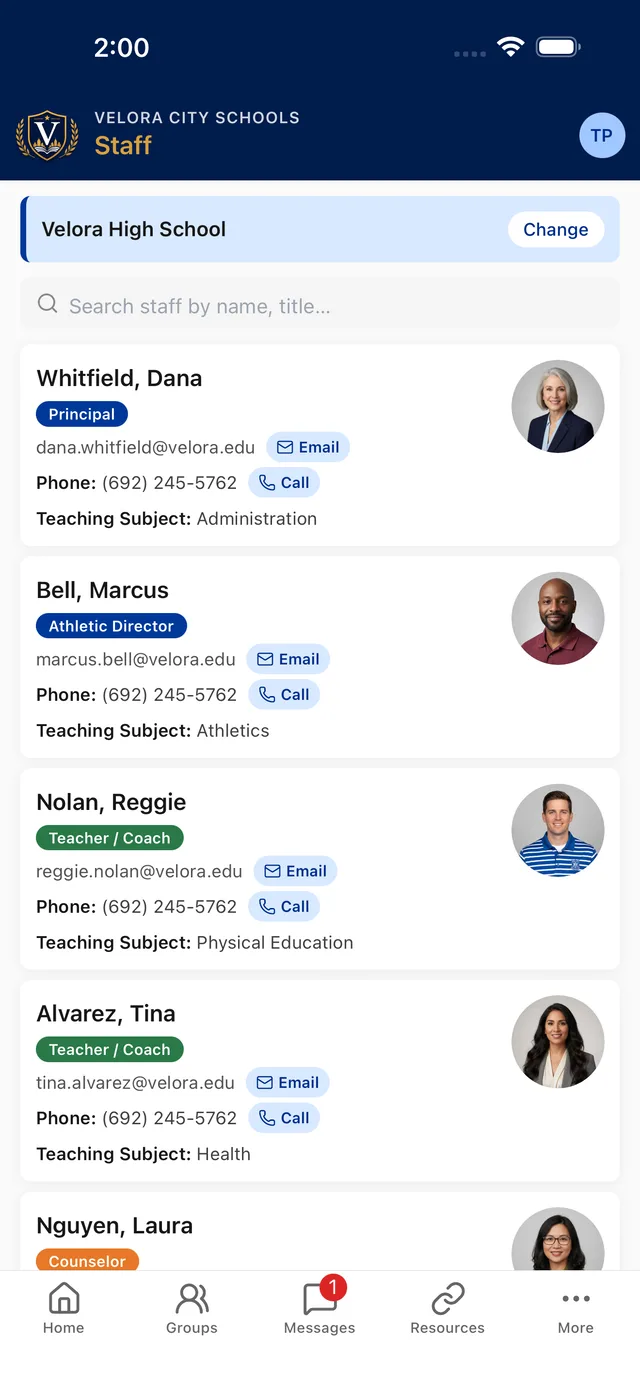 Searchable staff directory with headshots and contact details
