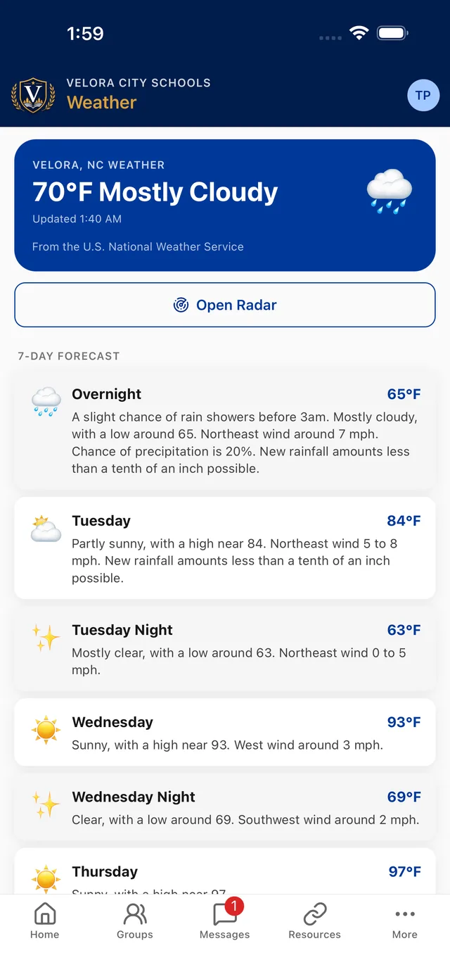 Local weather conditions and radar inside the school app