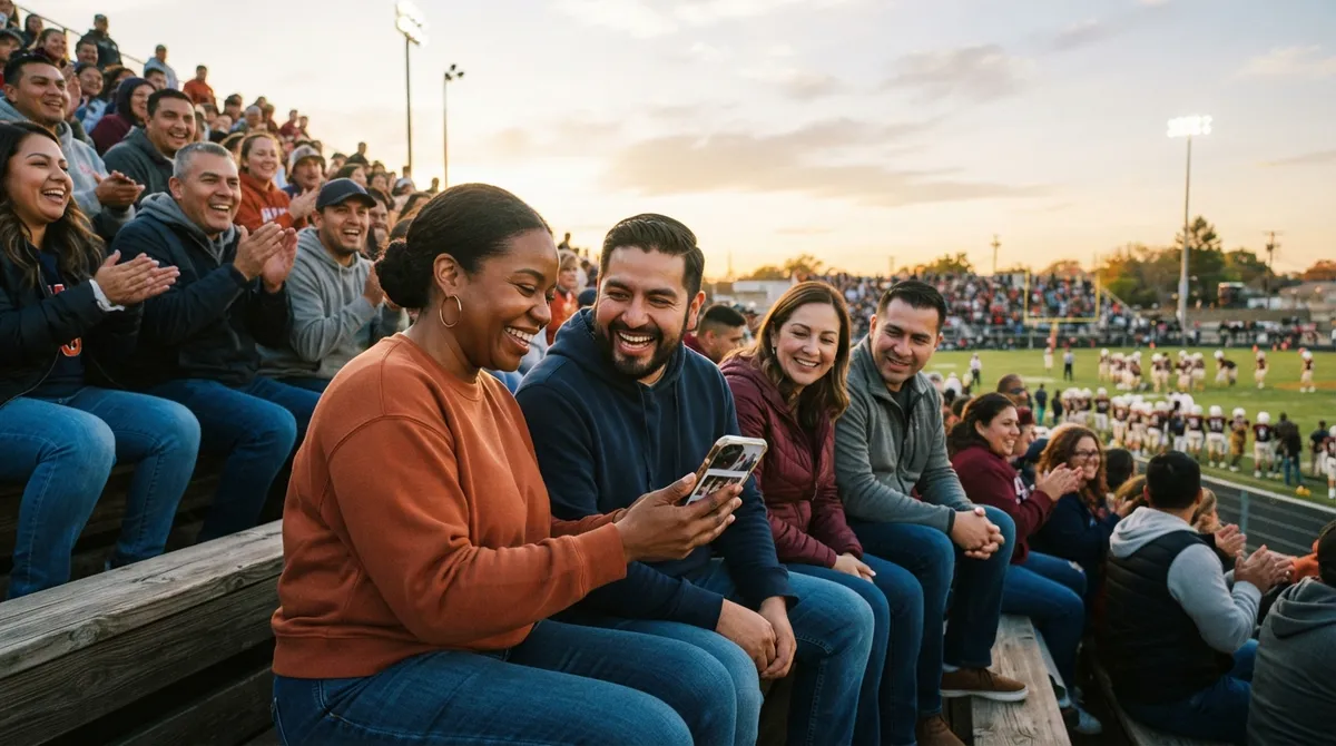 Families cheering together in the stands at a small-town school game